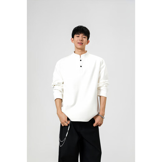 Unicorn cool black American retro Henry collar sweatshirt for men in autumn loose casual long-sleeved T-shirt with inner layering shirt heather gray M