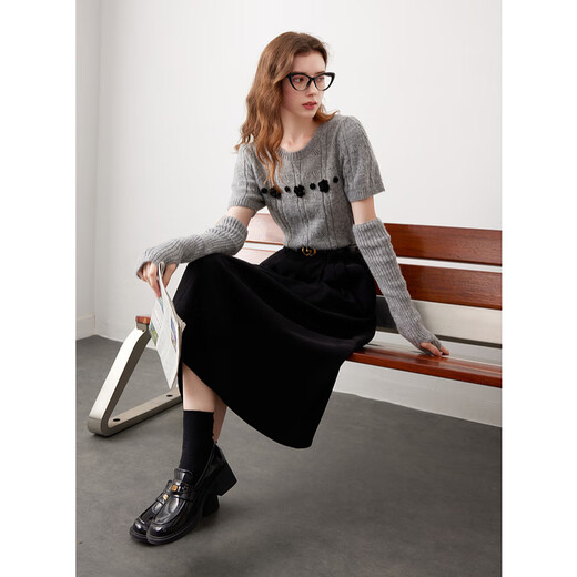 Sancai 2025 new winter high-waist skirt brushed A-line skirt slimming mid-length skirt large swing umbrella skirt for women classic black M 160/68A