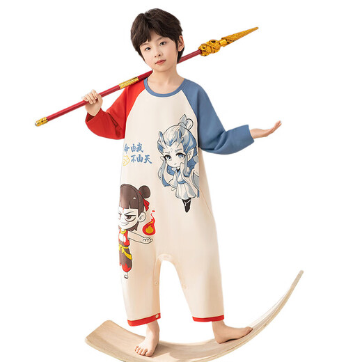 Ao Bing children's one-piece pajamas for boys spring and autumn long-sleeved pure cotton youth anti-kick sleeping bag air-conditioned outer wear home clothes M201 Nezha Ao Bing 100% cotton one size fits all size 8 recommended height 95-105CM