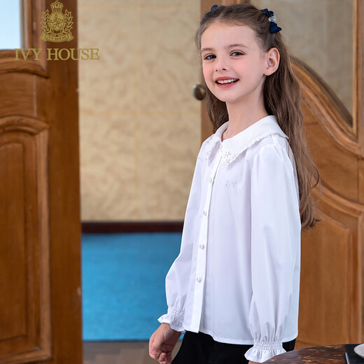 IVY HOUSE girls and older children's new spring and autumn bottoming shirts long-sleeved white shirts embroidered collar cotton parent-child tops 160