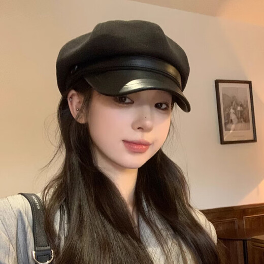 Duokeyu beret hat women's octagonal hat newsboy hat fashionable style big head circumference 2025 new autumn and winter high-looking woolen leather retro beret black
