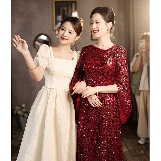 Rindu dress women's banquet evening dress high-end mother temperament slim wine red sequin mother wedding banquet dress noble and young wine red S one size