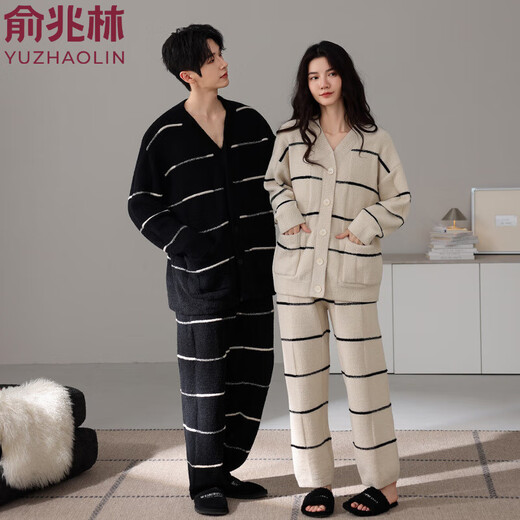 Yu Zhaolin double-sided half-velvet kimono collar V-neck cardigan couples pajamas winter thickened and warm young men and women home clothes 146012+146509 M Female
