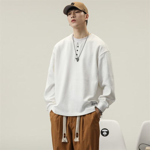 Kuraishi Kazuki autumn heavy cotton men's long-sleeved T-shirt loose large size American fashion brand casual Henry collar bottoming shirt sweatshirt black M suitable for 110-130Jin Jin equals 0.5 kg