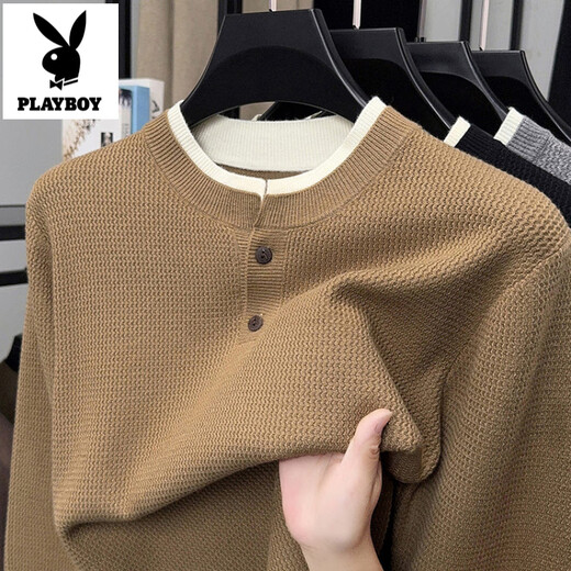 Playboy (PLAYBOY) high-end Henry collar sweater men's autumn new casual pullover button sweater with underlay shirt for men, light gray XL