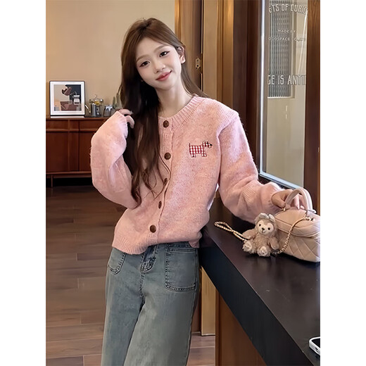 Zuosu Knitted Cardigan Women's 2025 Early Autumn Korean Style Pink Puppy Embroidered European Hot Top Unique Top Peach Pink One Size (115Jin Jin is equal to within 0.5kg)