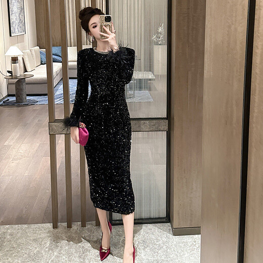 BORDIFENASI Cocktail Dress 25 Autumn New Women's French Diamond Round Neck Slim Fit Hip Sequin Dress 582 Brown S