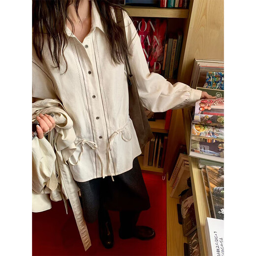 SAME FLOW Ten Points Pear - Lazy design, contrasting color embroidered drawstring shirt, women's autumn and winter new women's top jacket, linen color S