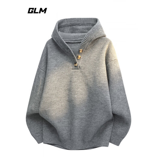 GLMGlm American Vintage Henley Collar Hooded Sweater Men's Autumn Loose Sweater Jacket Misty Black Gray L_120-140Jin Jin equals 0.5 kg