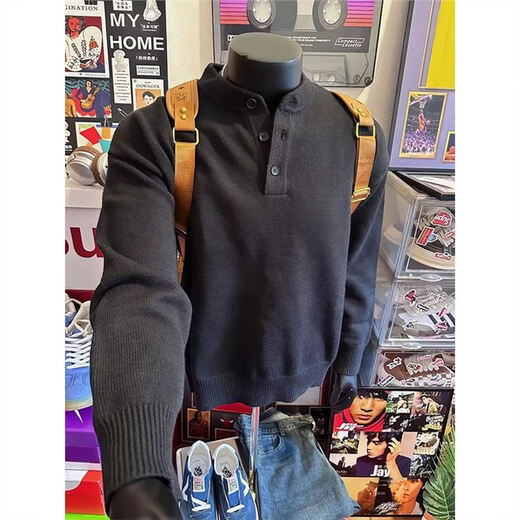 Jufeng black Henry collar sweater men's autumn American retro high-end knitted sweater cleanfit inner layering shirt Gray L 110-130Jin Jin equals 0.5 kg