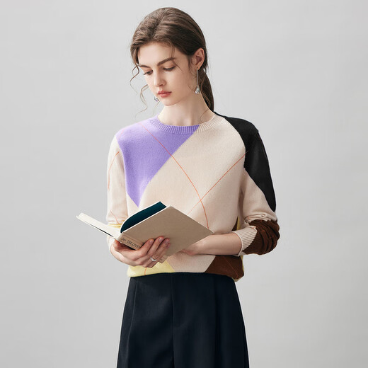 Komenboka 2025 autumn and winter new 100% cashmere sweater women's diamond-shaped contrasting color sweater round neck bottoming sweater Haibeimi L