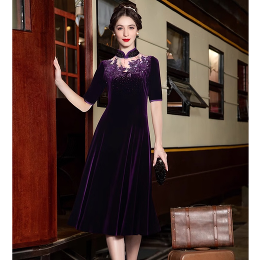 Fashionable Minglan Shijia New Chinese Cheongsam Dress for Mother-in-Law Wedding Dress for Mother-in-law Wedding Banquet Daily Wear High-end Wedding Dress Red 8 (Long Sleeve) L