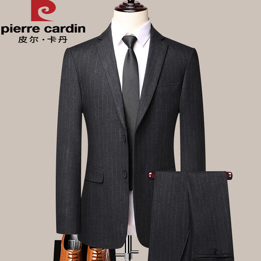 Pierre Cardin 2025 Spring and Autumn New Men's Business Casual Suit Suit Black Gray Vertical Stripe Professional Suit Jacket Black Gray Suit 2XL 185