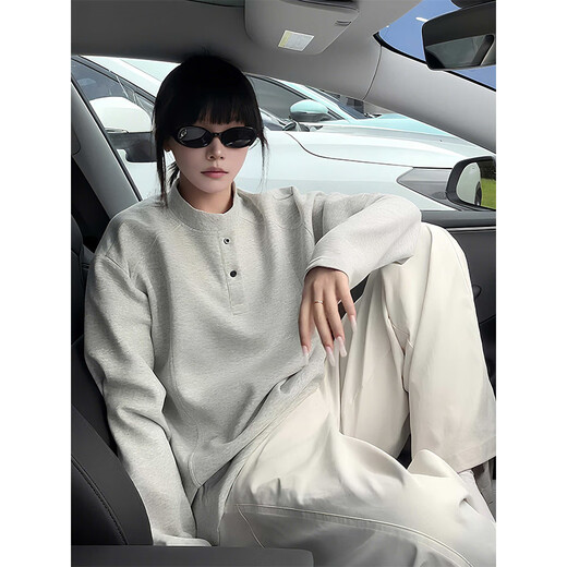 Cantu White Gray Henley Collar Shoulder Sweatshirt Men's Autumn and Winter American Velvet Long Sleeve T-Shirt Loose Bottoming Shirt White Gray Regular Style XL