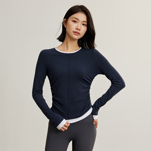 NEVER ME Sports T-shirt Women's Pleated Slim Top Pilates Training Yoga Wear Bottoming Shirt Contrast Color Long Sleeve Mist Blue M Recommended 100-115 Jin Jin equals 0.5 kg