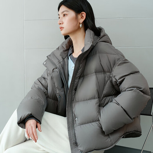 Ai Lai Chen Turin same style women's down jacket 2025 puff short hooded drawstring warm winter coat nightingale gray M
