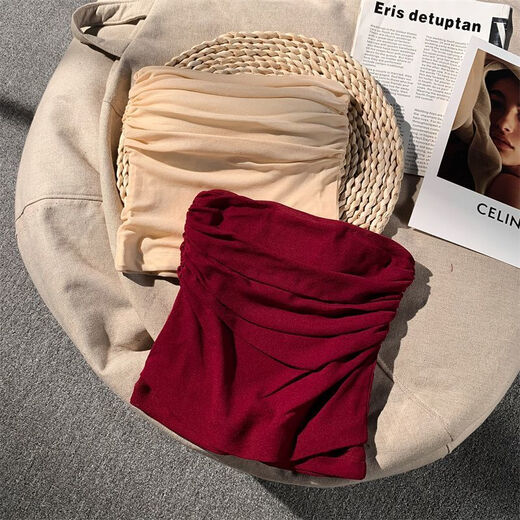 Woodpecker red tube top one-shoulder pleated camisole women's outer wear autumn sexy slim-fitting chest inner wear beige S