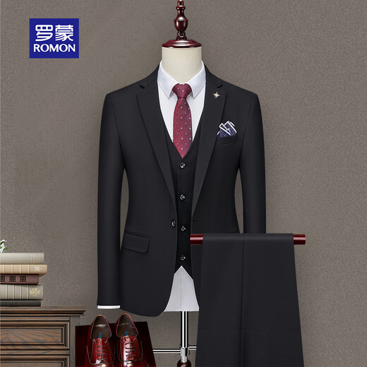 ROMON suit men's three-piece high-end tailoring business slim professional formal wedding dress jacket black 4XL