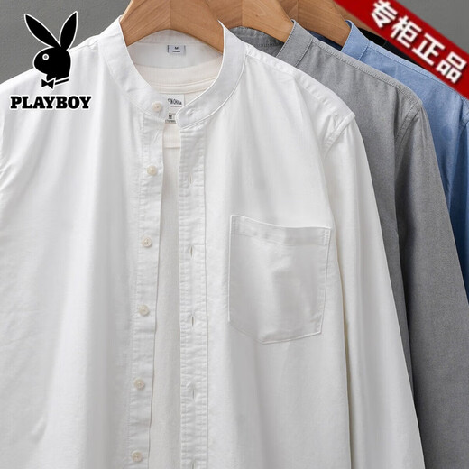Playboy Pure Cotton Oxford Spun Shirt Men's Long Sleeve 2025 Spring and Autumn White Stand Collar Shirt Premium Henley Collar Jacket for Men White Cotton Oxford Spun 2XL (Suitable for 156-175 Jin Jin equals 0.5 kg)