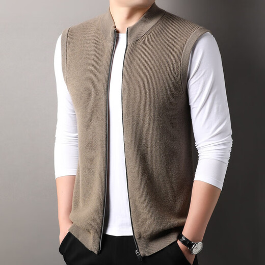 100% pure wool cardigan vest men's stand-up collar sweater vest Puyuan sweater waistcoat sleeveless top for young and middle-aged people dark blue gray 2XL 185/100A
