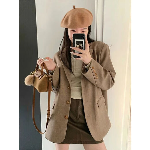 Lomon Maillard milk coffee color suit jacket for women spring and autumn Internet celebrity new autumn Korean style loose suit for small people milk coffee mixed camel M recommended 100-110Jin Jin equals 0.5 kg