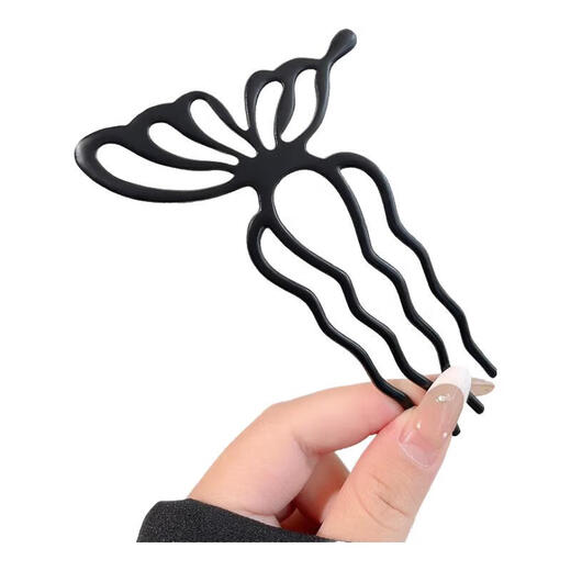 Metal hollow butterfly hairpin, new Chinese style four-tooth comb for women, high-end, cool, round hairpin, metal hollow butterfly hairpin, black