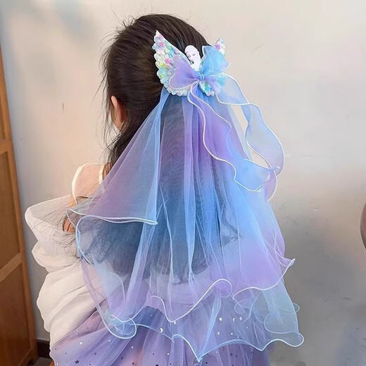 Dai Yan children's veil super fairy ice and snow princess bow floating yarn hairpin little girl headdress Elsa hairpin girls hair accessories pink veil