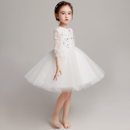 Xiaokayi Nong girls princess dress tutu yarn children evening dress flower girl wedding dress small host piano performance suit broken code 098 fixed beads white long style A5140cm