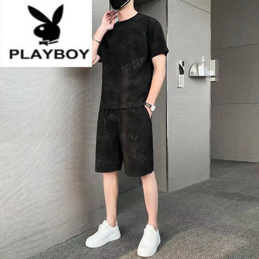 花花公子（PLAYBOY）纯棉2023新款冰丝短袖T恤套装男士休闲运动两件套男装宽松夏季潮 671黑色套装 3XL 160斤-175斤