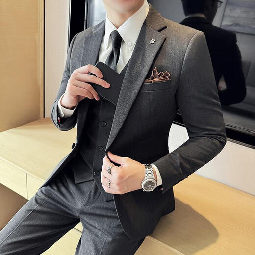 Pierre Cardin one-button men's three-piece suit business formal solid color versatile trendy slim casual handsome suit black suit + trousers 4XL (165-180Jin Jin equals 0.5 kg)