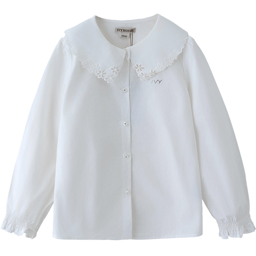 IVY HOUSE girls and older children's new spring and autumn bottoming shirts long-sleeved white shirts embroidered collar cotton parent-child tops 160