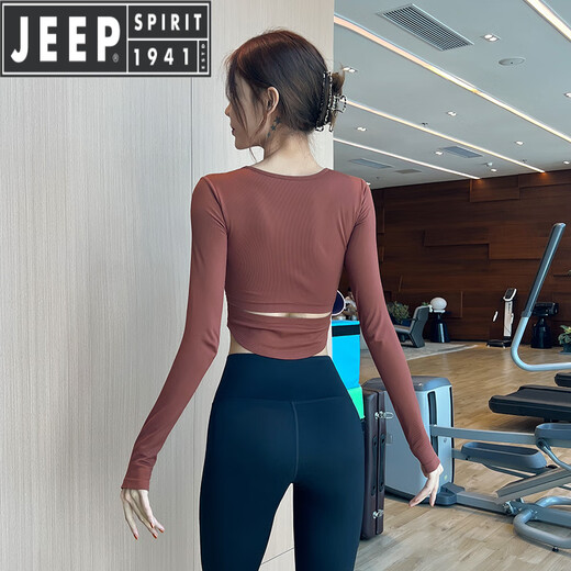 JEEP SPIRIT long-sleeved yoga clothes with chest pads, nude Pilates slim tops, spring and autumn running sports fitness T-shirts for women, crimson L (recommended 110-115 Jin Jin equals 0.5 kg)
