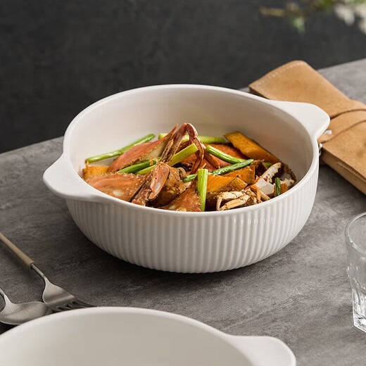 Nordic vertical pattern 10.5-inch ceramic double-ear soup bowl household ceramic tableware high-end pickled fish large basin soup basin 1 double-ear soup bowl