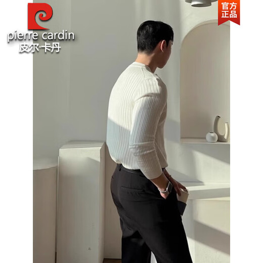 Pierre Cardin black Henry collar long-sleeved T-shirt men's spring and autumn American retro round neck sweater with versatile striped men's knitted black M