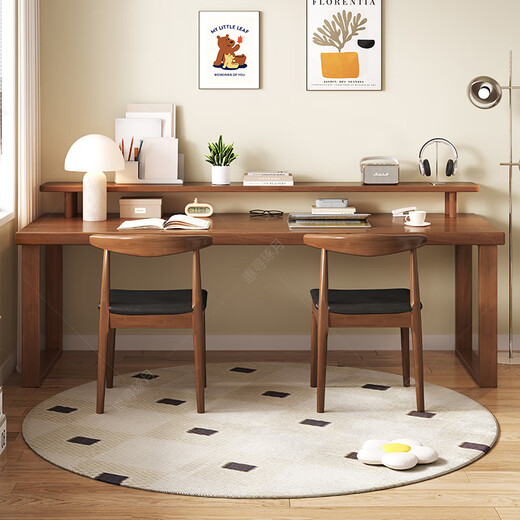 Huixun pure solid wood double desk with bookshelf simple computer desk home desk wall workbench long large table walnut #desk + C bookshelf 100cm*60cm*75cm