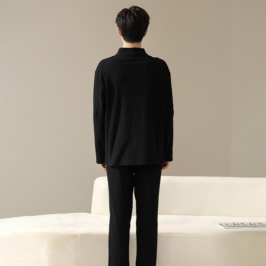 Langsha couple pajamas for one man and one woman in autumn pure cotton striped casual cardigans can be worn outside 100% cotton spring and autumn home clothes 22302 couple XL female + L male