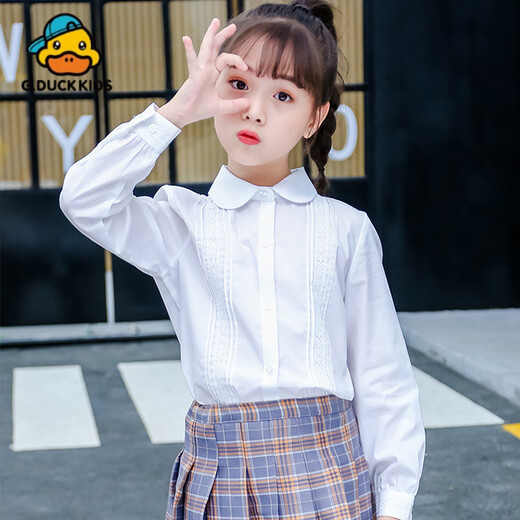 G.duck little yellow duck children's shirt white long-sleeved pure cotton edge round neck spring and autumn versatile middle-aged and primary school uniforms for girls round neck girls white long sleeves 100 cm