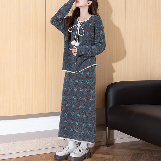 TonLion 2025 autumn and winter retro style pattern cardigan sweater and skirt two-piece women's suit