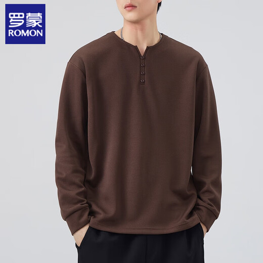ROMON Men's long-sleeved t autumn and winter trendy Henry collar tops plus velvet autumn and winter sweatshirts for men with inner bottoming shirts for men 1309 black M 90-105Jin Jin is equal to 0.5 kg