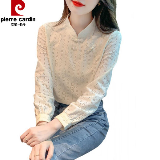 Pierre Cardin plus velvet thickened lace bottoming shirt for women autumn new button-down shirt long-sleeved shirt inner top apricot plus velvet M 95-105Jin Jin is equal to 0.5 kg