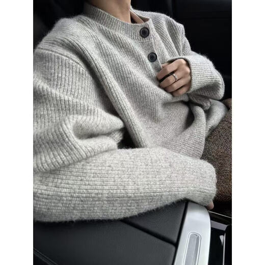 Gray American Retro Henley Collar Sweater Men's Winter Lazy Style Knit Sweater Cleanfit Jacket Gray L