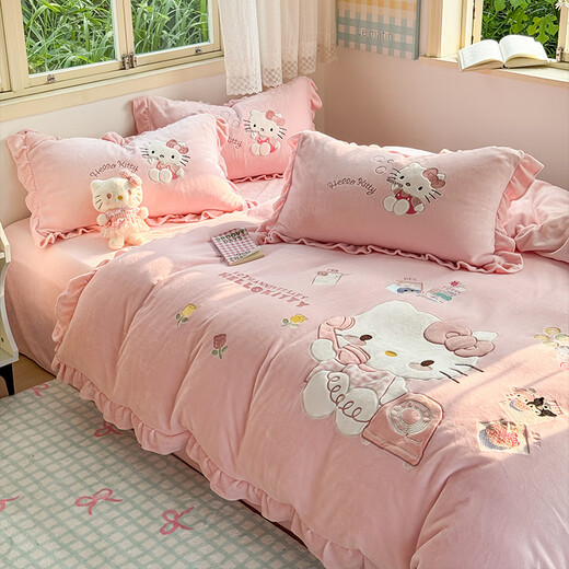 Class A high-end milk velvet bed four-piece children's quilt cover bed sheet coral velvet quilt plus velvet thickened winter cute KT cat Class A thickened warm anti-static 1.8m bed sheet four-piece set quilt cover 200x230