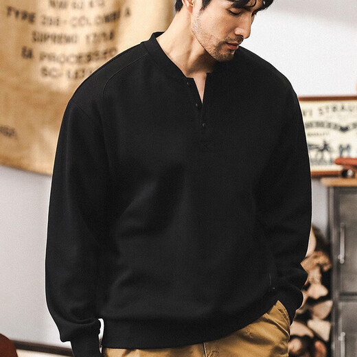 Jeanswest American retro heavyweight sweatshirt men's autumn trendy Henry collar half cardigan jacket men's spring and autumn long-sleeved POLO shirt black 350g heavy 2XL suitable for 160-180Jin Jin equals 0.5 kg