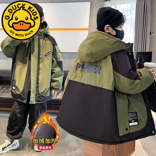 G.duck boys' velvet parka winter style 2025 new thickened medium and large children's jacket warm cotton clothing 10-year-old trend purple 170 recommended height 160-170cm13-15 years old