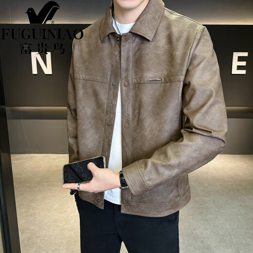 FUGUINIAO leather jacket for men spring and autumn 2025 new trendy lapel, versatile, handsome, casual, simple men's jacket, coffee color 2XL
