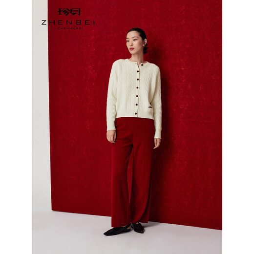 Zhenbei ZB/Zhenbei 2025 new pure cashmere sweater women's round neck long sleeve buttoned cable knit cardigan jacket 31278 white regular M (100)