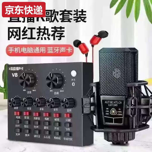 He Jiangong 2025V8 Sound Card Set Internet Celebrity Live Broadcast Sound Card Full Set Mobile Song Computer General Equipment Kuaishou V8 Sound Card + Square Microphone + Fill Light + Cantilever