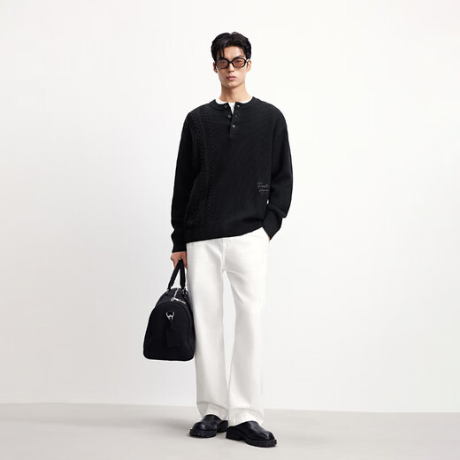 JACK&JONES Men's 25th Autumn and Winter Sweater Men's Lazy Style Loose Casual Henley Collar Knitted Retro Jacquard Bottoming Shirt E40 Black Regular Pre-sale shipped around November 27th M (175)