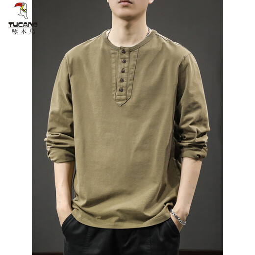 Woodpecker (TUCANO) American trendy retro Henry collar long-sleeved T-shirt men's spring and autumn new spring loose casual sweatshirt bottoming shirt ins gray M