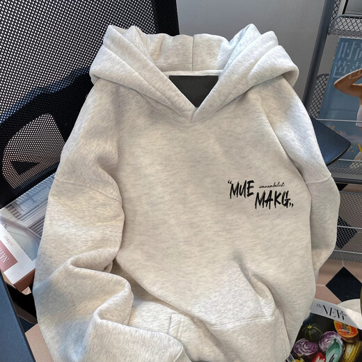 Cotton American heavyweight loose hooded sweatshirt for men in autumn and winter new oversize design letter jacket plus velvet white gray 3304 regular high quality XL 125-140Jin Jin equals 0.5 kg